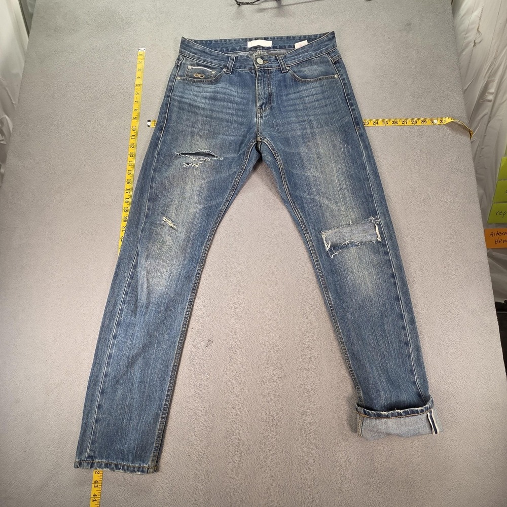 PLAC Jeans Mens Blue Selvedge Slim Straight Distressed Ripped‎ Knee Fits 33x31